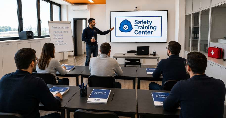 Corso di sicurezza sul lavoro in aula con docente e partecipanti